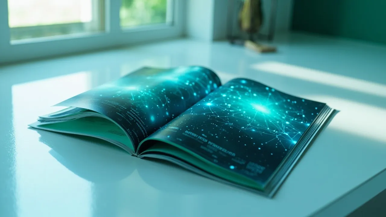 Offenes Magazin auf einem hellen Schreibtisch, weiches Tageslicht, Editorial-Look